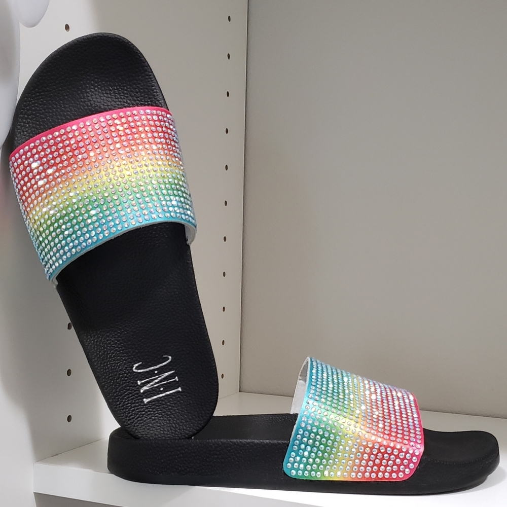 NWOT INC Rainbow Blinged Slip On Sandals Size 7m